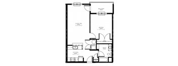 A black and white floor plan of a small apartment with a living room, kitchen, bathroom, and bedroom.
