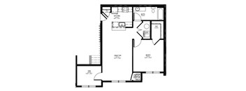 A black and white floor plan of a house with a kitchen, bathroom, and bedrooms.