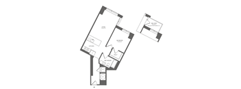 A black and white image of a floor plan for a house with a living room, kitchen, bathroom, and bedroom.