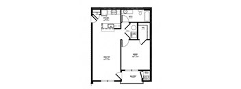 A floor plan of a house with a kitchen, bathroom, bedroom, and balcony.