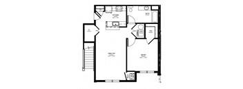 A black and white floor plan of a house with a kitchen, bath, living room, dining room, and two bedrooms.