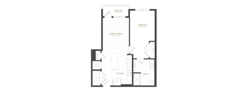 A black and white image of a floor plan for a small apartment.