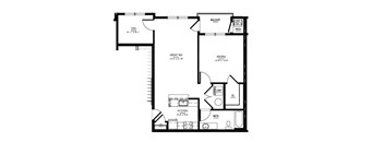 A black and white floor plan of an apartment with a kitchen, bathroom, living room, and bedroom.