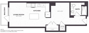 A black and white image of a floor plan for a house with a living room, kitchen, bath, and balcony.
