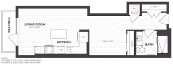 A floor plan of a balcony apartment with a living room, kitchen, bathroom, and closet.