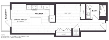 A floor plan of a small apartment with a living room, kitchen, bathroom, and closet.