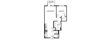 A black and white image of a floor plan for a home with a living/dining area, bedroom, bathroom, and closet.