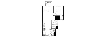 A black and white drawing of a house plan with a balcony, living/dining area, bedroom, bathroom, and closet.