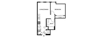 A black and white image of a floor plan for a small apartment.