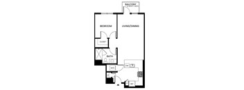 A black and white image of a floor plan for a bedroom and living/dining area.