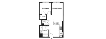 A floor plan of a small apartment with a bedroom, living/dining area, bathroom, and closet.