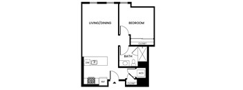 A black and white image of a floor plan for a small apartment.