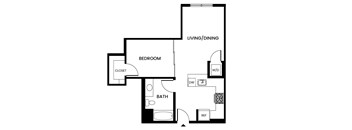 A black and white image of a floor plan for a bedroom with a bathroom and living/dining area.