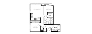 A black and white image of a house plan with a balcony, living/dining area, two bedrooms, and two bathrooms.
