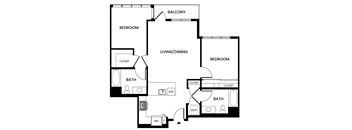 A black and white image of a house floor plan with a balcony, two bedrooms, a living/dining area, two bathrooms, a closet, a reference room, and a pantry.