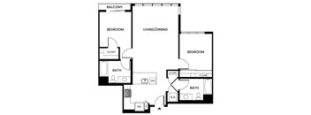 A black and white image of a floor plan for a two bedroom apartment.