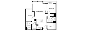 A black and white image of a floor plan for a home with a balcony, two bedrooms, a living/dining area, a bathroom, a den, and a laundry room.