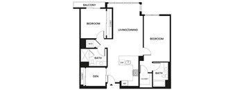 A black and white image of a floor plan for an apartment.