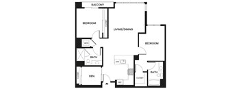 A black and white image of a floor plan for a home with a balcony, two bedrooms, a living/dining area, a bathroom, a den, and a closet.