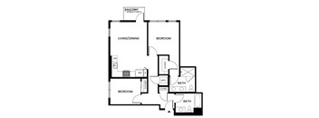 A black and white image of a floor plan for a home with a living/dining area, two bedrooms, two bathrooms, and a balcony.