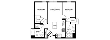 A black and white image of a floor plan for a house with three bedrooms, a living/dining area, an island, two bathrooms, and a laundry area.