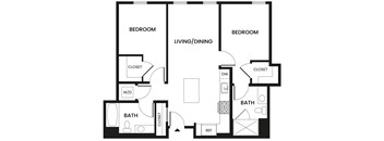 A black and white image of a floor plan for a house with three bedrooms, a living/dining area, two bathrooms, a kitchen, and a laundry area.