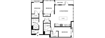 A black and white image of a house floor plan with two bedrooms, two bathrooms, a living/dining area, and an island.
