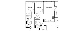 A black and white image of a floor plan for a house with two bedrooms, a living/dining area, two bathrooms, and a balcony.