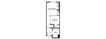 A floor plan of a bedroom with a bathroom and living/dining area.