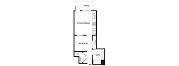 A floor plan of a home with a living area, dining area, bedroom, bathroom and patio.
