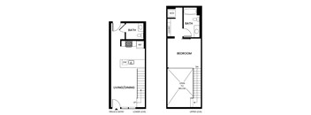 A floor plan of a two-level home with a living/dining area on the lower level and a bedroom on the upper level.