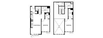 A floor plan of a two-story house with a living room, two bedrooms, a bathroom, and a private entry.