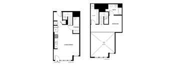 A floor plan of a home with a living area, dining area, powder room, and bedroom.