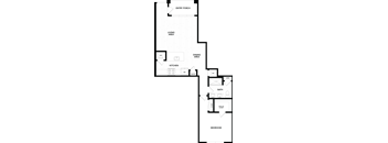 A floor plan of a house with a kitchen, living area, dining area, bathroom, and bedroom.