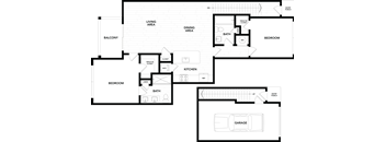 A floor plan of a house with a balcony, two bedrooms, a garage, a kitchen, a dining area, and a living area.