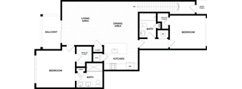 A floor plan of a house with a living area, dining area, kitchen, and two bedrooms.