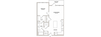 A floor plan of a home with a bedroom, bathroom, living/dining area, and kitchen.