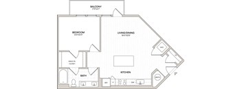 A floor plan of a home with a balcony, bedroom, living/dining area, kitchen, and bathroom.