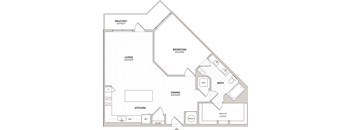 A floor plan of a house with a living room, dining room, kitchen, and bathroom.