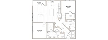 A floor plan of a home with a living room, dining room, kitchen, two bedrooms, a bathroom, and a balcony.