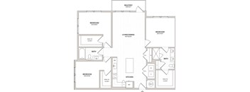 A floor plan of a balcony apartment with three bedrooms, a living/dining area, and two bathrooms.