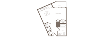 A floor plan of a house with a balcony, kitchen, living/sleeping area, bathroom, and closet.