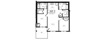 A black and white floor plan of a house with a kitchen, bath, and bedrooms.
