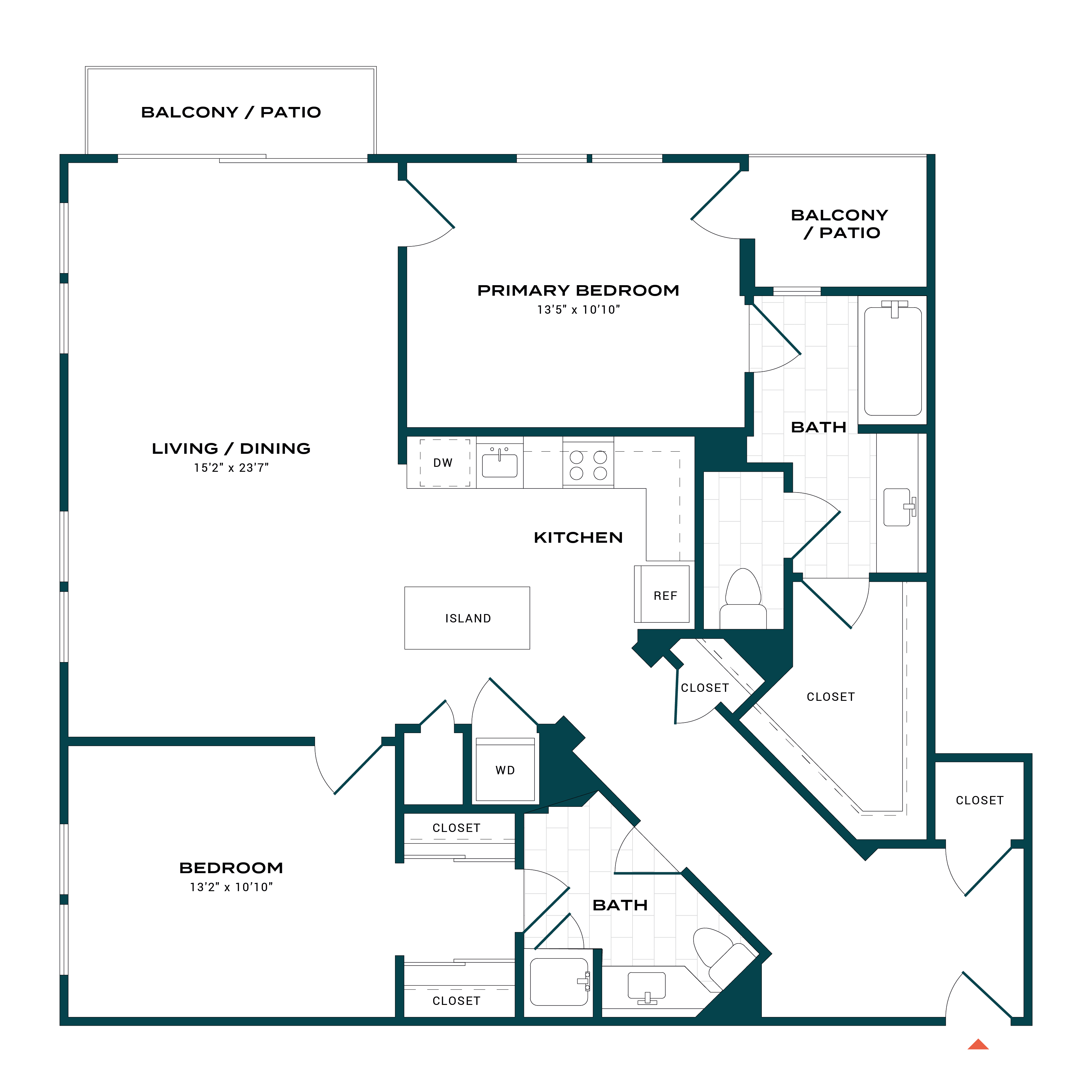 2 Bed 2 Bath - 1,250 sq feet