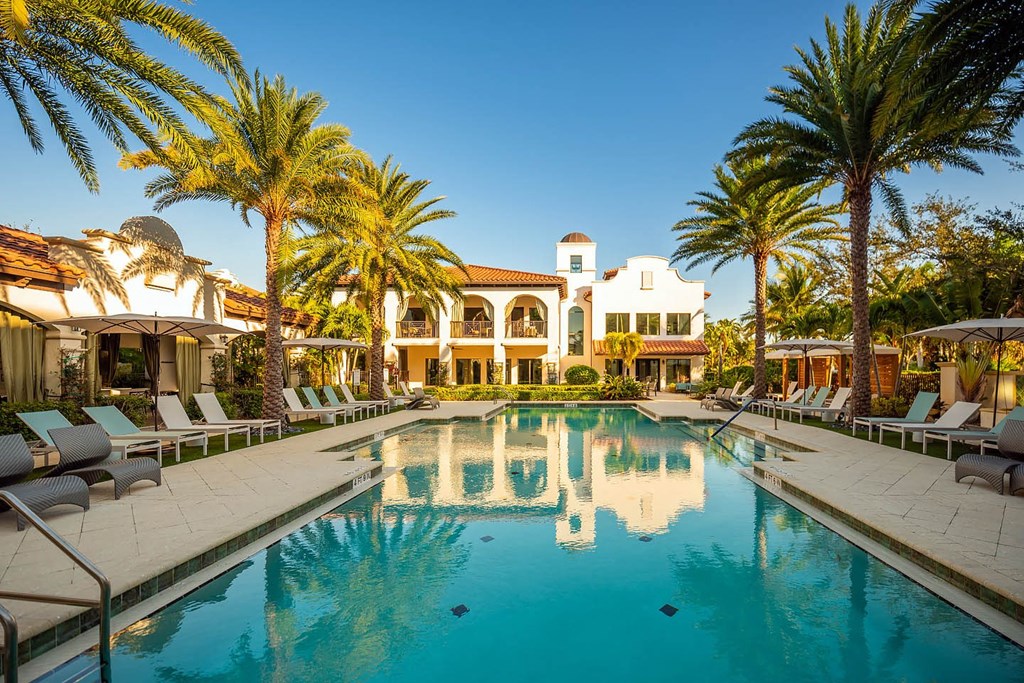 A large swimming pool surrounded by palm trees and lounge chairs.
