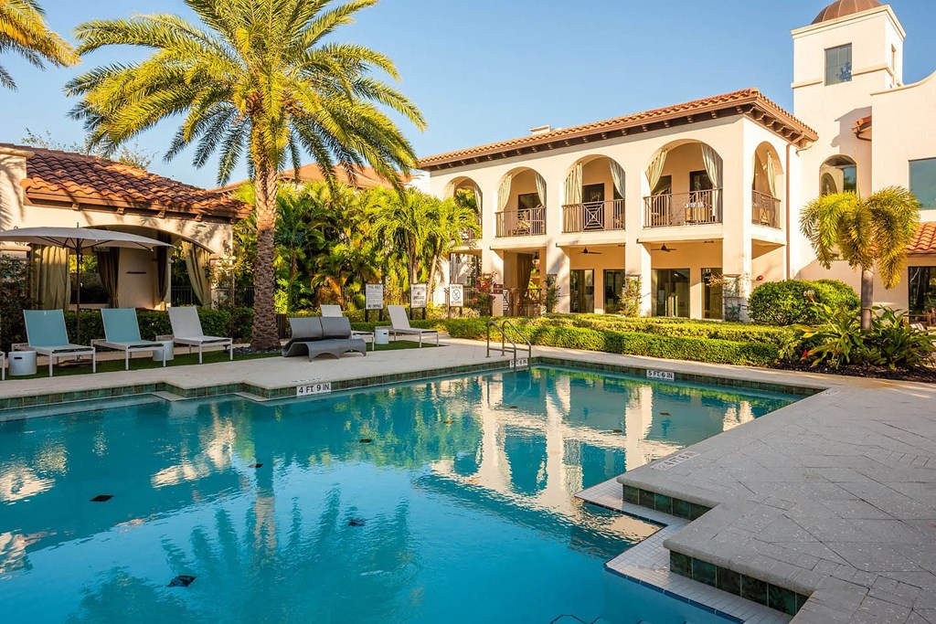 A large house with a pool in front.