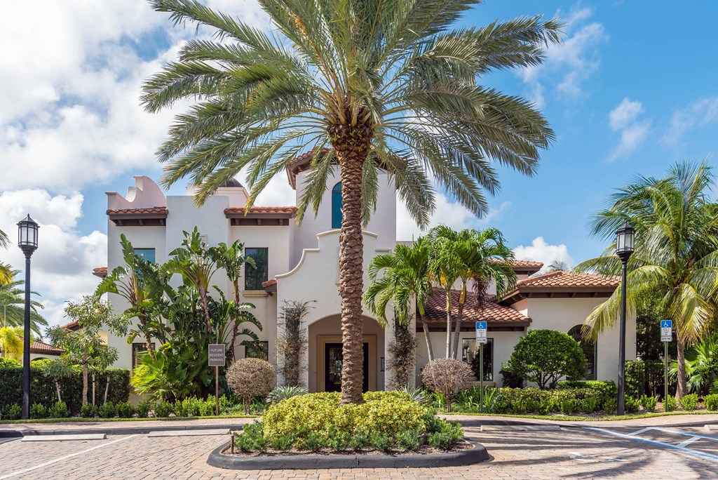 A large house with a palm tree in front.