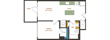 the floor plan of a studio apartment with a bedroom and a living room