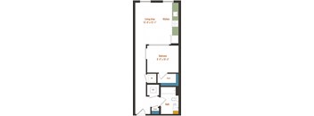 a floor plan of a small house with a bathroom and a kitchen