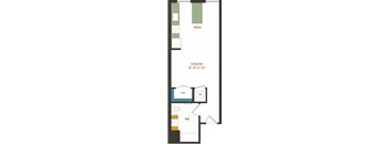 a floor plan of a room with a bed and a kitchen